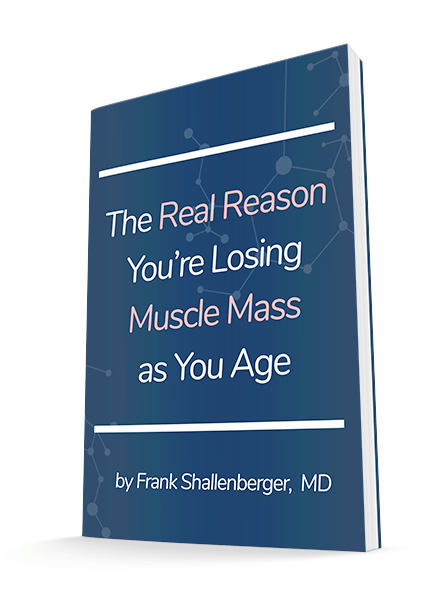 3D book cover titled 'The Real Reason You're Losing Muscle Mass as You Age' by Frank Shallenberger, MD
