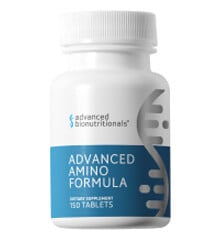 Bottle of Advanced Amino Formula dietary supplement tablets with a white and blue label