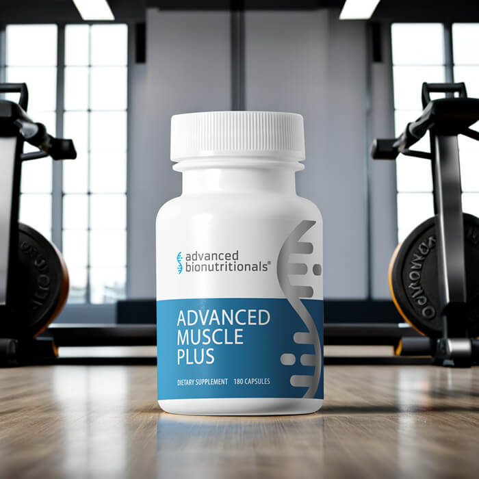 Advanced Muscle Plus bottle in the gym