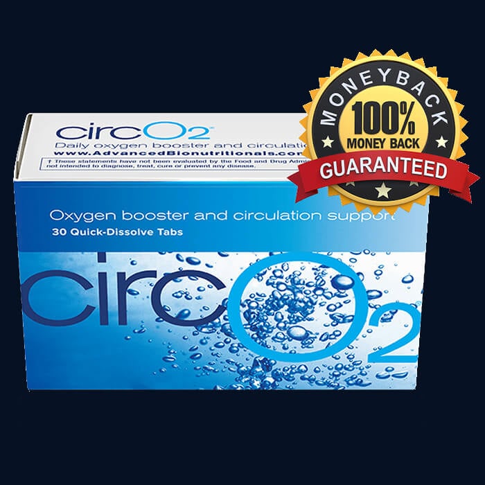 Box of CircO2 daily oxygen booster and circulation support quick-dissolve tablets with a 100% money-back guarantee badge