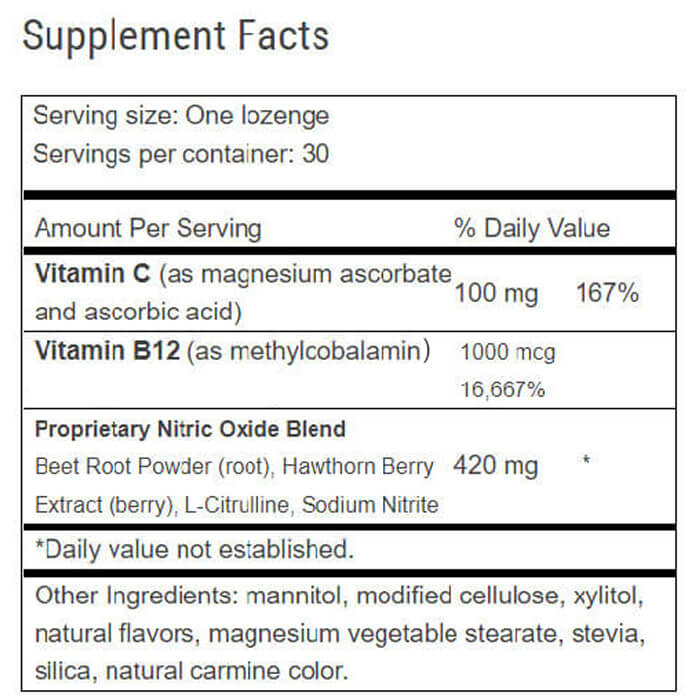 Supplement facts label showing ingredients and nutritional information for CircO2 Nitric Oxide Booster lozenge.