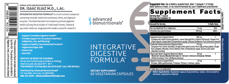 Integrative Digestive Formula Ingredients Label