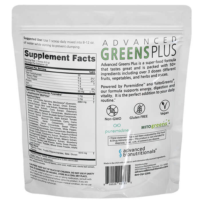 Advanced Greens Plus back of bag